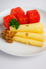 Swiss Cheese with Caramelized Walnuts and Watermelon