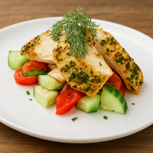 Vegetarian Herb Soy Chicken with Greek Vegetables